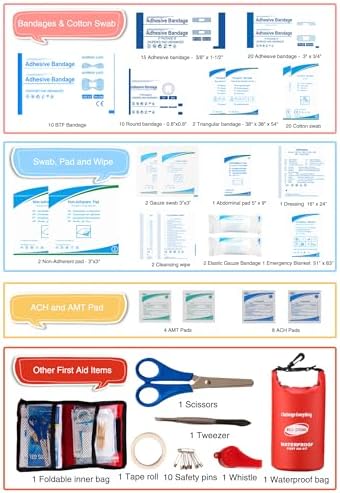 Emergency First Aid Kit for Boating & Marine Safety Waterproof Medical Supplies with Roll Top Design for Fishing, Kayaking Red