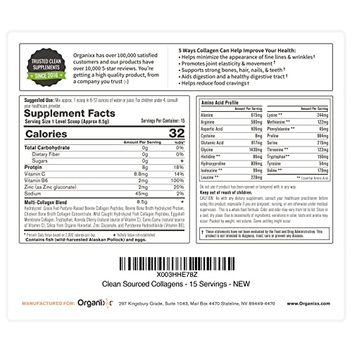 Organixx Clean Sourced Collagen Powder, Hydrolyzed Protein Powder Collagen Peptides with Vitamin C, and Types I, II, III, V, X, For Skin, Joints, Hair and Nails, Aging Support Unflavored (15 Servings)