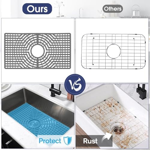 Silicone Sink Protector 28"x15" Center Drain Hole, Heat Resistant Non-slip Dishwasher Suitable, Large Mat for Bottom of Farmhouse Kitchen Stainless Steel Sink(Grey)