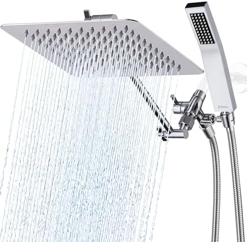 G-Promise All Metal 10" Dual Square Shower Head Combo | Rain Shower Head | Handheld Shower Wand | Adjustable | Smooth 3-Way Diverter | 71" Extra Long Hose - A Bathroom Upgrade (Chrome)