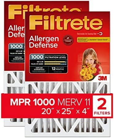 Filtrete NADP03-2PK-2 08189005996 MPR 1000 20 x 25 x 4 (4-3/8 Actual Depth) Micro Allergen Defense Deep Pleat HVAC Air Filter, Uncompromised Airflow, 2-Pack, 20x25x4, No Color, 2 Count