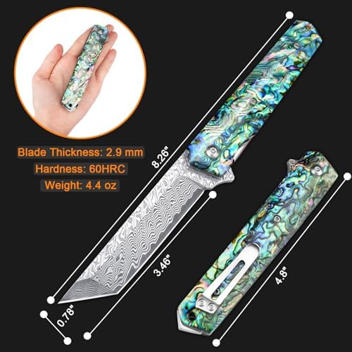 AUBEY Damascus Pocket Knife with Clip, Sharp Tanto Blade with VG10 Core Folding Knife with Abalone Shell Handle and Glass Breaker, EDC Camping Knife for Gift Survival Collection