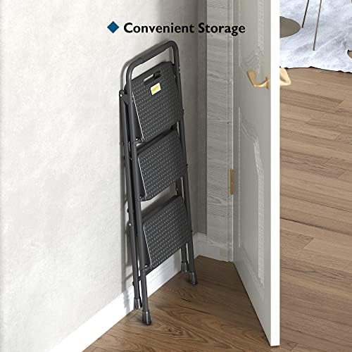 BONTEC 3-Step Ladder, Folding Step Stool, 600lbs Max Load Capacity, Sturdy Steel, Non-Slip Pedals, Lightweight, Portable Steel Ladder with Convenient Handrail, Safety Design for Home & Work, Black