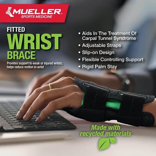 MUELLER Sports Medicine Green Fitted Wrist Brace for Men and Women, Wrist Pain Relief Support, Ideal for Carpal Tunnel, Tendonitis, Arthritis, Left Hand, Black, Small/Medium