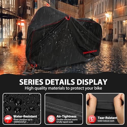 Bike Cover Waterproof Outdoor Storage for 3 Bikes, Bicycle Cover Rain Sun UV Dust Wind Proof with Storage Bag for Mountain Road Bike/Ebike (420D Black+Red, XXXL Size for 3 bikes)