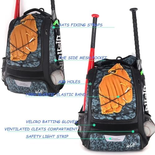 WOLT Youth Baseball Bag - Bat Backpack for Baseball, T-Ball & Softball Equipment & Gear, Bat & Glove Holder, Large Main Compartment for Helmet & accessories, Separate Shoes Compartment, Fence Hook
