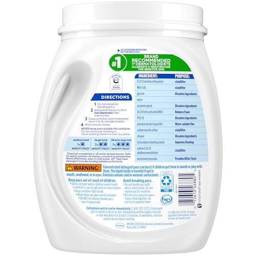 All Mighty Pacs Laundry Detergent, Free Clear for Sensitive Skin, Tub, 60 Count