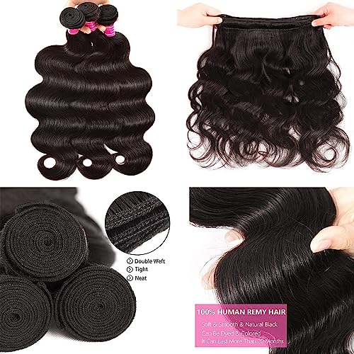 Body Wave Bundles with Closure Human Hair (16 18 20 +14) Brazilian Human Hair 3 Bundle with 4x4 HD Lace Closure Free Part 10A Grade 100% Unprocessed Virgin Hair Body Wave Bundles Natural Color
