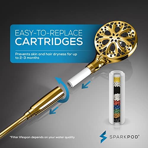 SparkPod 10-Mode Handheld Shower Head with Filter - 5" High Pressure Filtered Shower Head with Touch-to-Clean Nozzles, Built-In Power Jet, Stainless Steel 6ft Hose & Bracket (Egyptian Gold)