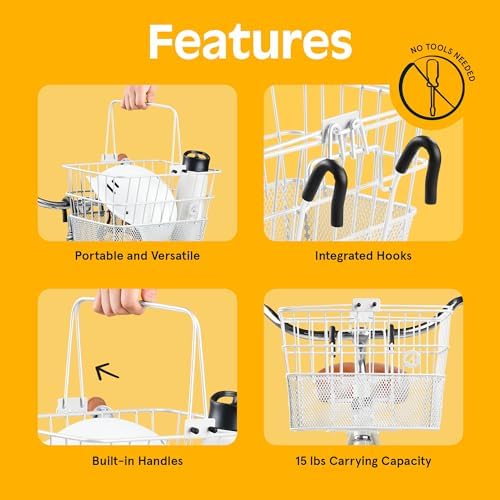 Retrospec Apollo Detachable Front Bike Basket Steel Half-Mesh with Integrated Detachable Hooks and Built-In Handle, Easy Assembly and Portability for Bicycles