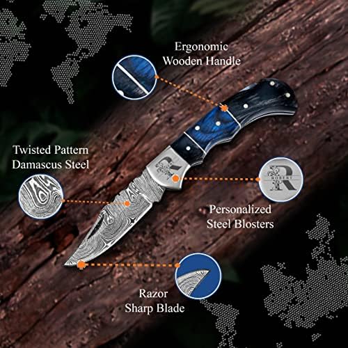 Set of 6 - Personalized Damascus Pocket Knife for Groomsmen -With Leather Sheaths - Custom Engraved Pocket Knives | Groomsman Gifts for Wedding, Groomsmen Proposal Gifts