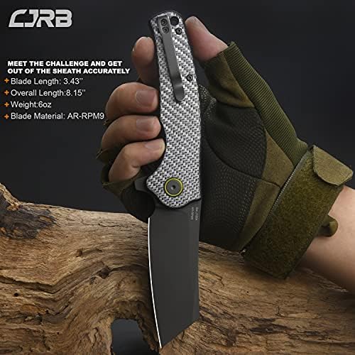CJRB Crag Folding Pocket Knife, 3.43" AR-RPM9 Steel Blade Carbon Fiber Handle EDC Knife with Pocket Clip for Men Women Camping Survival Hiking, Grey (J1904)