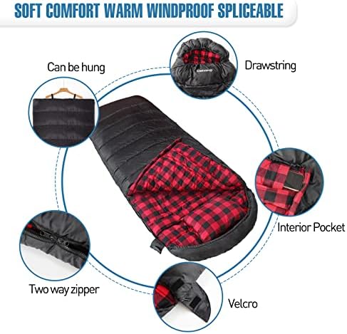 0 Degree Sleeping Bag Cotton Flannel Winter Cold Weather for Adults XXL Sleeping Bag 4 Season Big and Tall with Pillow Compression Sack