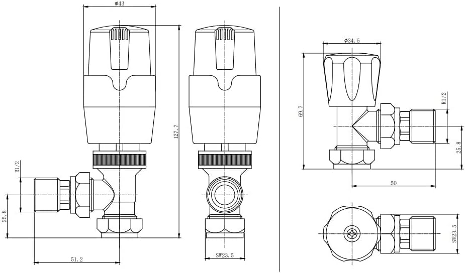 Gold Angled Thermostatic Radiator Valves TRV Modern Radiator Valves 15mm x 1/2" (Set of 2) for Heated Towel Rails & Central Heating Radiators Radiator Valve Set
