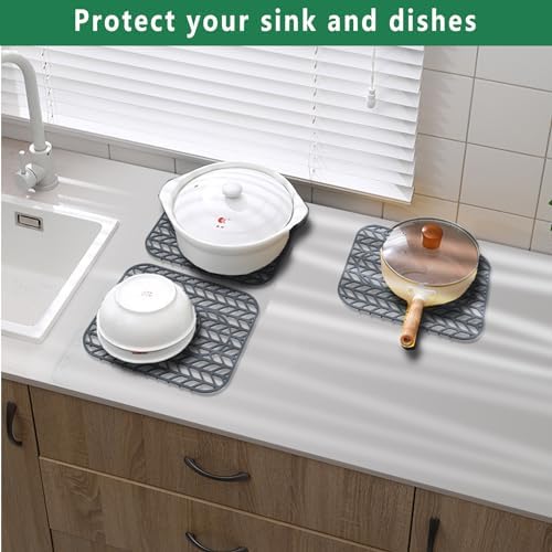 GUUKIN Sink Protectors for Kitchen sink, 13 5/8" x 11 5/8" Folding Non-slip Silicone Sink Mat Grid for Bottom of Farmhouse Stainless Steel Porcelain with 3 Reserved Holes Pack of 2