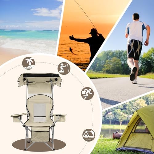 BDL Camping Chair with Canopy Shade Portable Folding Beach Chairs with Cooler, Mesh Backrest, Cup Holder, and Pocket for Camping, Fishing, Beach, and Sports