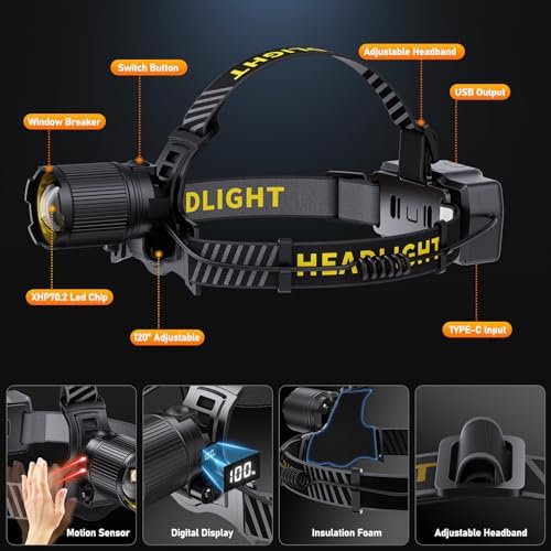 Led Headlamp Rechargeable, Super Bright HeadLamps 60H Long Battery Life with Sensor, Zoomable Head lamp with 12 Modes, IPX7 Waterproof, 120°Adjustable Headlight for Forehead, Working, Camping, Hiking
