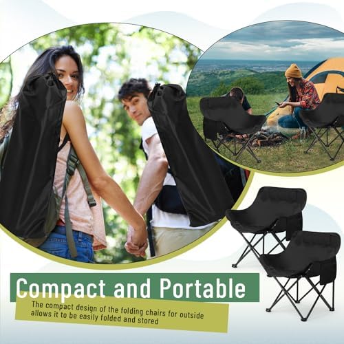 2 Pack Compact Camping Chairs Portable Folding for Outside with Carry Bag Lightweight Moon Chairs for Travel Picnic Hiking Beach Fishing, 600D Oxford, Supports 330lbs(Black)