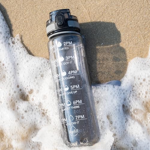 OLDLEY Water Bottle, 32oz Motivational Sports Water Bottle with Time Marker - Times to Drink - Tritan, BPA Free, Wide Mouth Leakproof,Smoke Grey (1 Bottle)