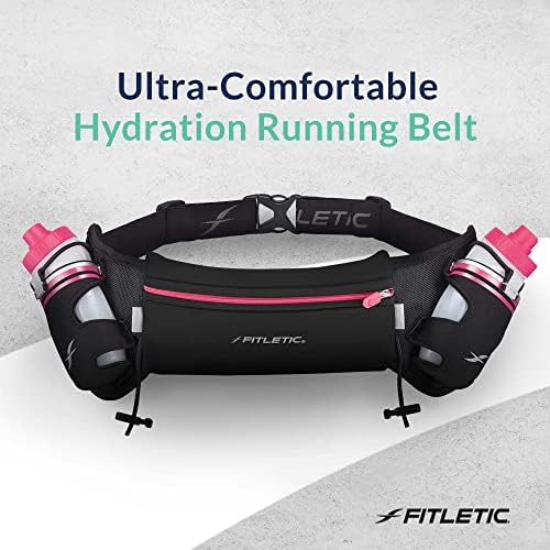Fitletic Hydration Running Belt with Water Bottles for Men & Women – 2 Quick Flow 8oz Running Water Bottles, Patented Bounce Free Design, Water Resistant Pouch Fits All Phones – Hydra 16