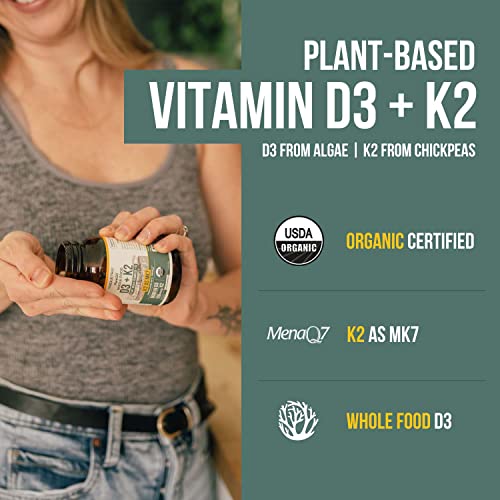 Organic Plant D3 + K2 | 5000 iu D3 + 120 mcg K2 as All-Trans MK7 from MenaQ7® - 100% Whole Food, Raw & Vegan | Enhanced Digestion with Prebiotic & Superfood Complex – D3 from Organic Algae (60 Count)