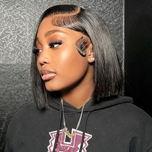 HIRIREMY Short Straight Bob Wigs for Black Women Human Hair 13x4 HD Lace Front Bob Wigs Human Hair Pre Plucked Natural Hairline Glueless 180% Density 12 Inch