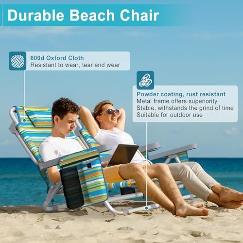 Suteck Beach Chair, Adjustable 5-Position Backpack Beach Chairs for Adults Kids, Foldable Lay Flat Chair with Cooler Bag, Cup Holder and Lumbar Pillow, Reclining Lay Down Chairs for Lawn Outdoor