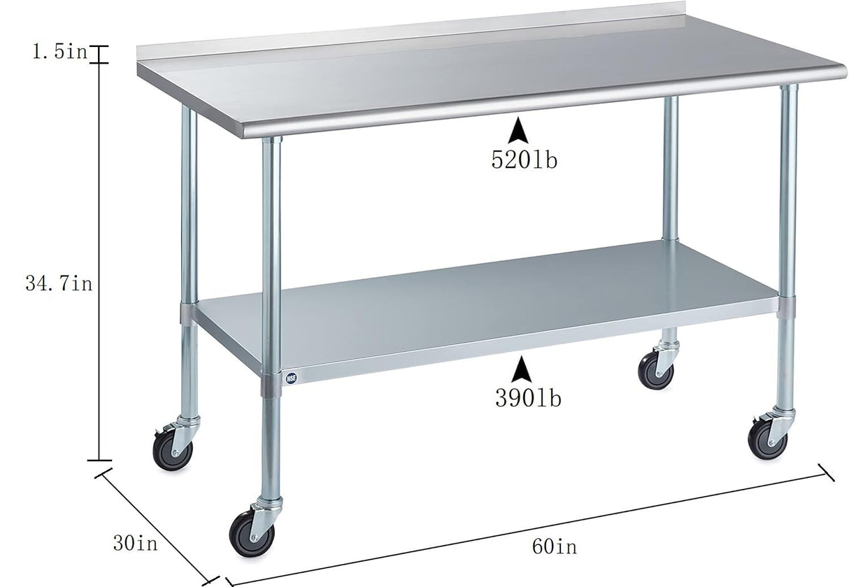 Stainless Steel Table for Prep & Work with Caster & Backsplash 30x60 Inches, NSF Metal Commercial Kitchen Heavy Duty Table with Adjustable Under Shelf and Table Foot for Restaurant, Home and Hotel