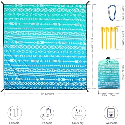 Beach Blanket Waterproof Sandproof Beach Mat 79" X 83" /10'x9'for 2-8 Adults Quick Drying Outdoor Picnic Mat Beach Accessories for Travel, Camping, Hiking