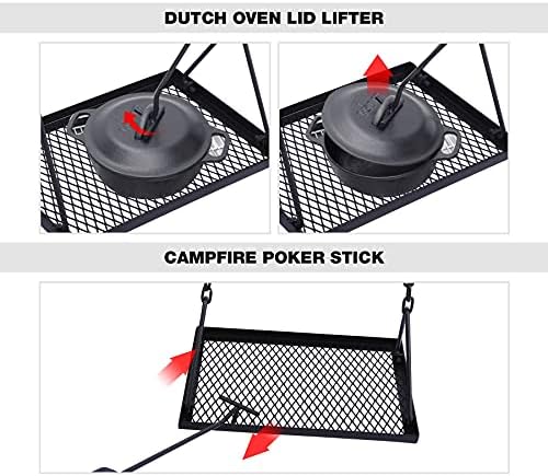 REDCAMP Grill Swing Campfire Grill Stand with Iron Grill Grate, Collapsible Campfire Cooking Rack w/6 Hooks,Portable Cookware Hanging Rack Outdoor Camping Bonfire for Cookware & Dutch Oven,Rectangle