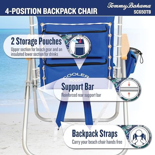 Tommy Bahama Hi-Boy 17" Seat Height 4-Position Lace-Up Suspension Folding Backpack Beach Chair, 2-Pack, Logo Stripe