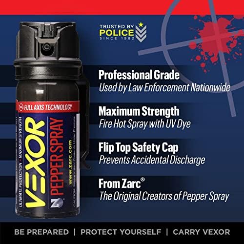 Vexor Pepper Spray Full Axis with Belt Clip for Self Defense — Maximum Police Strength, 20-Foot Range, Full Axis Capability, Flip Top Safety for Quick and Accurate Aim, Protection