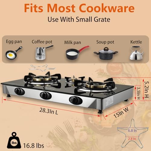 Propane Stove 3 Burner Gas Stove, 34000 BTU High-Efficiency Auto Ignition Tempered Glass LPG Cooktop with CSA Regulator and Hose – for Outdoor Camping, RV, and Emergency Cooking