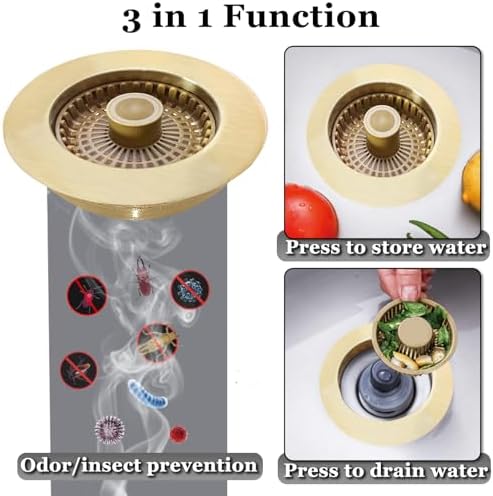 3 in 1 Kitchen Sink Stopper, Pop Up Kitchen Sink Drain Strainer, with an Extra Basket Strainer, Kitchen Sink Drain Stopper for US Standard 3-1/2 Inch, Brass Material Electroplate Gold