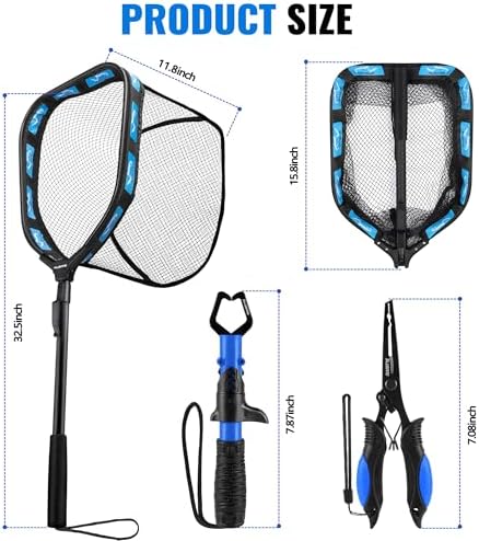 PLUSINNO Floating Fishing Net for Steelhead, Salmon, Fly, Kayak, Catfish, Bass, Trout Fishing, Rubber Coated Landing Net for Easy Catch & Release, Compact & Foldable for Easy Transportation & Storage