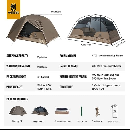 OneTigris COSMITTO 2 Person Backpacking Tent Shelter- Free Standing Lightweight Waterproof 3 Season Camping Tent for Outdoor Hiking Mountaineering