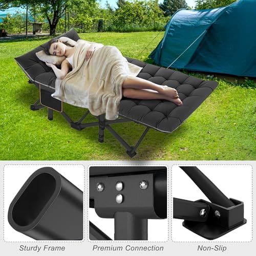 ABORON Folding Camping Cot W/Mat for Adults, Heavy Duty Outdoor Bed with Carry Bag,1200 D Layer Oxford Travel Camp Cots (Black Cot with Black Cotton Pad)