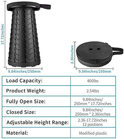 Boreeman Upgraded Folding Stool Lightweight Yet More Sturdy with Load Capacity 400lbs Portable Collapsible Stool Retractable Stool for Camping Fishing Hiking BBQ (Black)