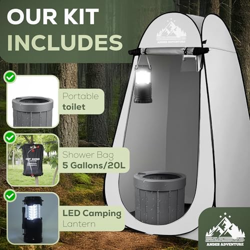 Portable Outdoor Privacy Tent Shower with Toilet, Lights - Large Pop Up Camping Bathroom Tent