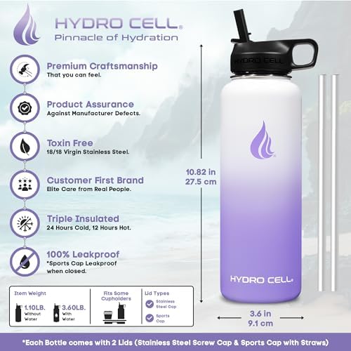 HYDRO CELL Stainless Steel Insulated Water Bottle with Straw - For Cold & Hot Drinks - Metal Vacuum Flask with Screw Cap and Modern Leakproof Sport Thermos for Adults (Lavender/White 40oz)