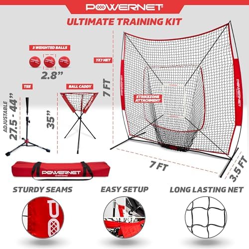 PowerNet Baseball Softball Practice Net 7x7 with Baseball Accessories for Practice Pitching, Batting & Fielding, Ball Caddy, Weighted Baseballs, Tee