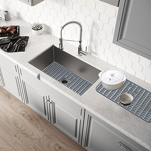 GUUKIN Sink Protectors for Kitchen Sink - 29"x 15.35" Silicone Kitchen Sink Mat Grid for Bottom of Farmhouse Stainless Steel Porcelain Sink with 3 Reserved Holes(Grey)