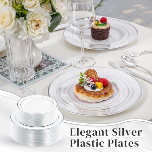 WDF 120PCS Plastic Christmas Plates White Silver Rim - Disposable Plates including 60PCS for Dinner 10.25inch, 60 Salad/Dessert Plates 7.5inch Heavy Duty Wedding