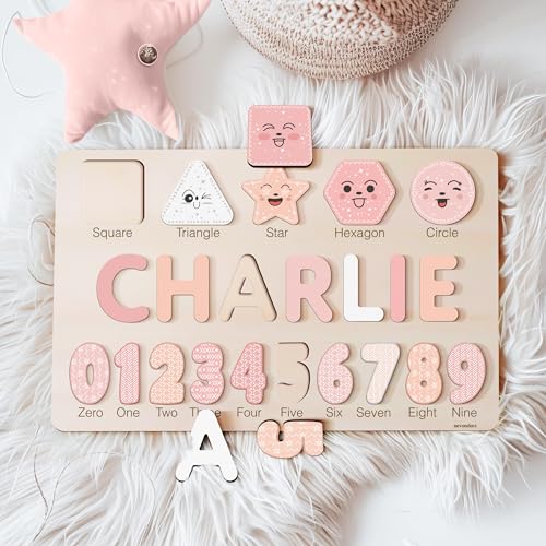 Personalized Wooden Name Puzzle with Numbers and Shapes, Custom Gift for Baby, 1st, Newborn Gift, Baby Shower, 1st Birthday, Educational Toys for Toddlers, Preschool Puzzle for Kids