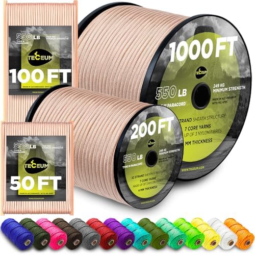 TECEUM 5/32" Paracord Rope 1000 – 1000ft / 200ft / 100ft / 50ft – Tactical Parachute Cord 4mm – 45+ Colors – Nylon String for Survival & Camping Gear – Stripe Cord for Survival – Utility Rope