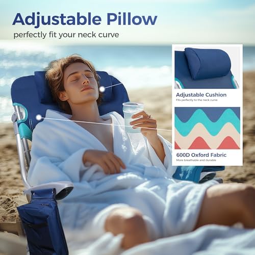 ALPHA CAMP Beach Chairs Set of 2 with Cooler Bag 4 Position Classic Lay Flat Folding with Backpack Straps Support 250LBS (Sky Blue)