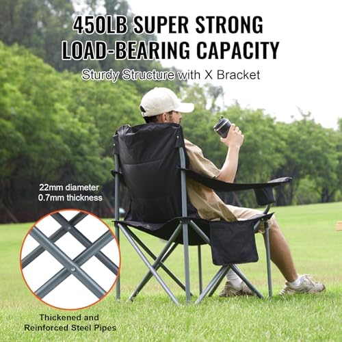 VEVOR Camping Folding Chair, Portable Heavy Duty Outdoor Quad Lumbar Back Padded with Side Pockets, Cup Holder and Cooler Bag for Beach, Lawn, Picnic, Fishing, Backpacking, Black
