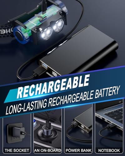 Headlamp Rechargeable 2PCS, Light Bright LED Rechargeable Headlight with White Light, Waterproof Head Lamp with Headband for Outdoor Camping, Hiking, Camping Essentials, Working(Black)