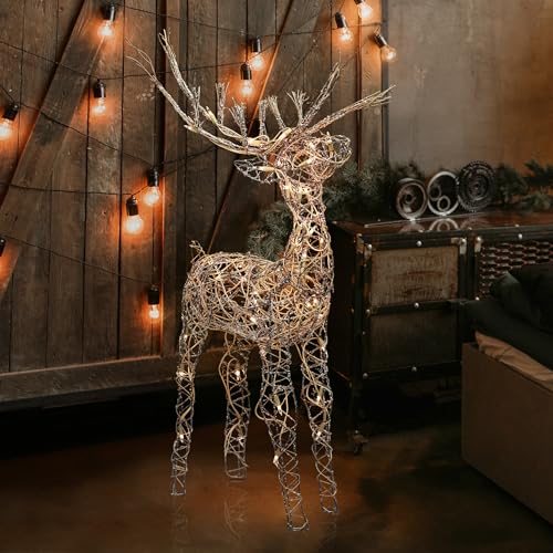 Alpine Corporation | 35" Outdoor Rattan Reindeer Decoration with 60 White LED Lights – Lighted Christmas Lawn & Yard Décor, Weather-Resistant Holiday Display