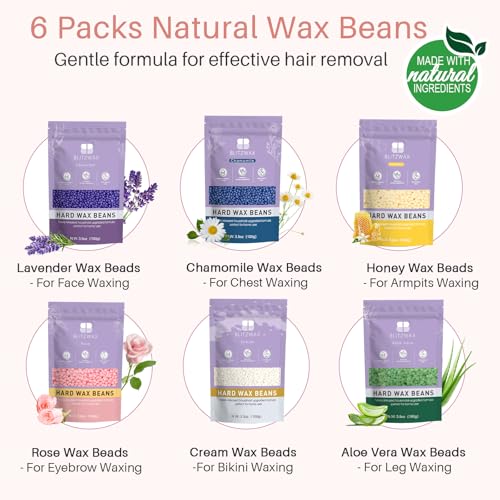 BLITZWAX Brazilian and Bikini Waxing Kit for Women, Hard Wax Warmer for Face, Legs, and Body, At Home Hair Removal Kit, Beginner Friendly, Quick Heating, 6 Packs Wax Beads
